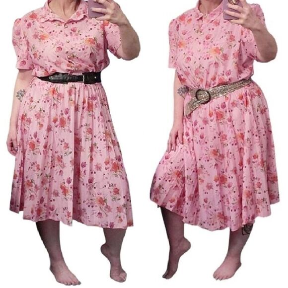 VTG 80s Pink Floral Short Sleeve Buttoned Midi Dress Size 20P *Fits like Large - Picture 1 of 16